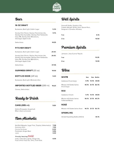 Dublin Calling Drinks Menu