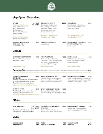 Dublin Calling Food Menu